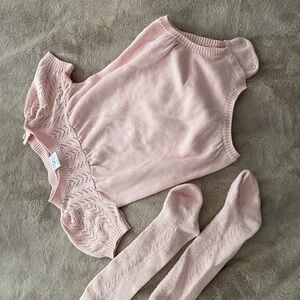 Baby girl knit pointelle bubble romper and matching knee high socks set 3-6m